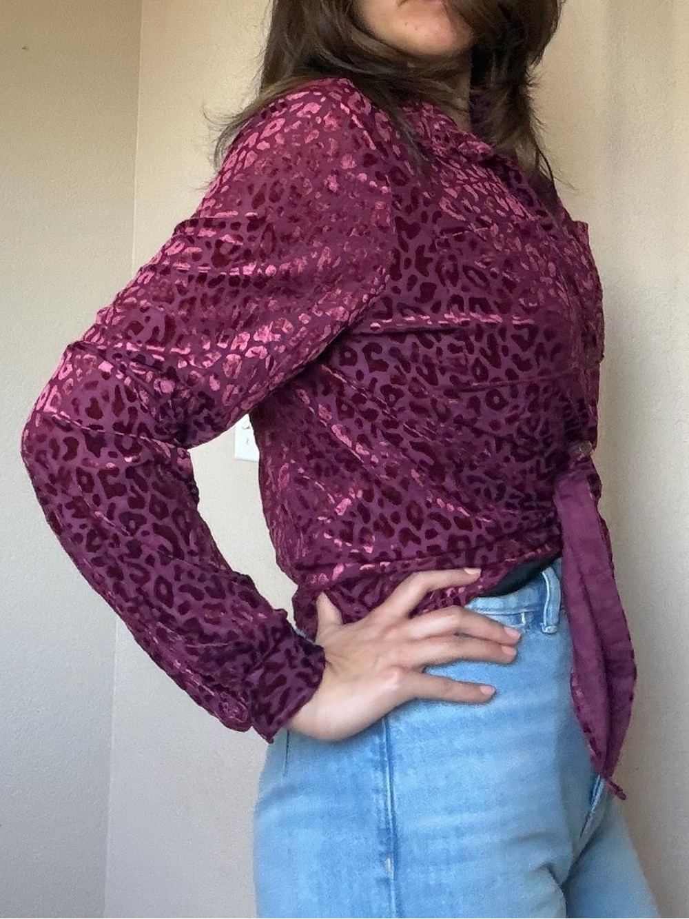 Umgee Velvet Animal Print Button Down Blouse - Berry Plum